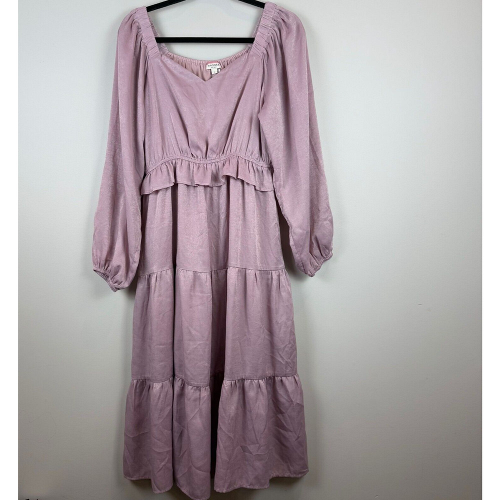Andree By Unit Midi Dress Womens Large Purple Tiered Ruffled Puff Sleeve Cottage